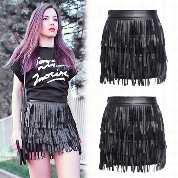 Sexy Women's Synthetic Leather Skirt Multi-layer Tassel Fringe Party Club Mii Skirt Black