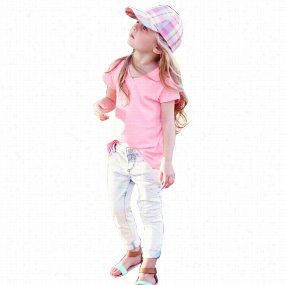 Spring Autumn Kids Girl's Shortsleeve V-nck Soldi T-shirt And Long Jeans Pant Set