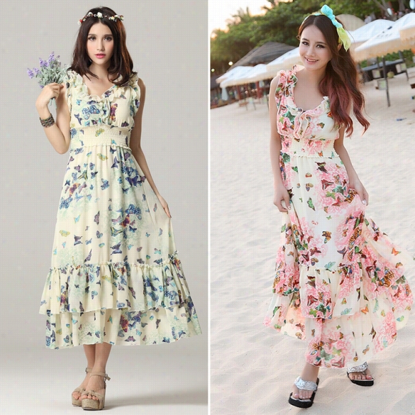 Stylish Ladies Women Bohemia Style Sleeveless High Waist Print Ruffles Hem Sslim Beach Slow Dress