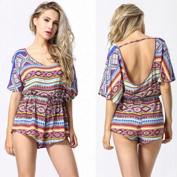 Stylish  Ladies Women Loose Backless V Neck Batwingsleeve Print Short Jupmsuit