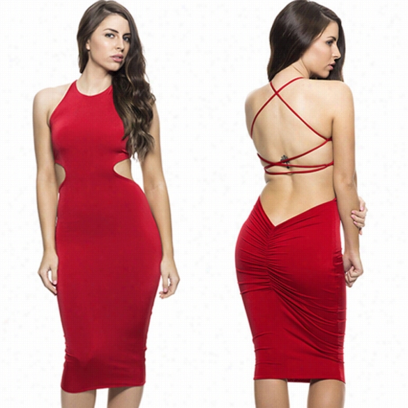 Stylish Ladies Women Rund Neck Sexy Spagetti Strap Halter Backless Dress