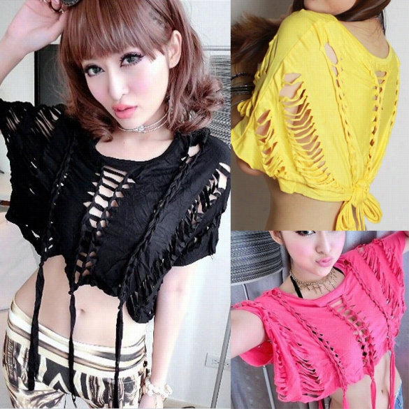 Stylish Ladies Women Sexy Hollow Abroad Short Sleeve Irdegular Hem Tassel Casual Club Short Browse Tops