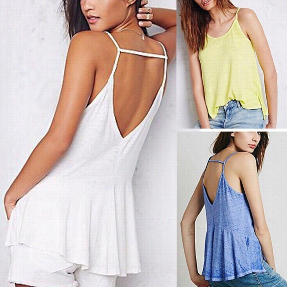 Stylish Ladies Women Spaghetti Strap  V Bak Solid Cool Casual Tops Blosue