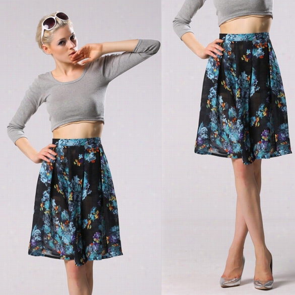 Stylishlady Sxy Women's Fashion Knee-length Floral Printed Pleated Skirt