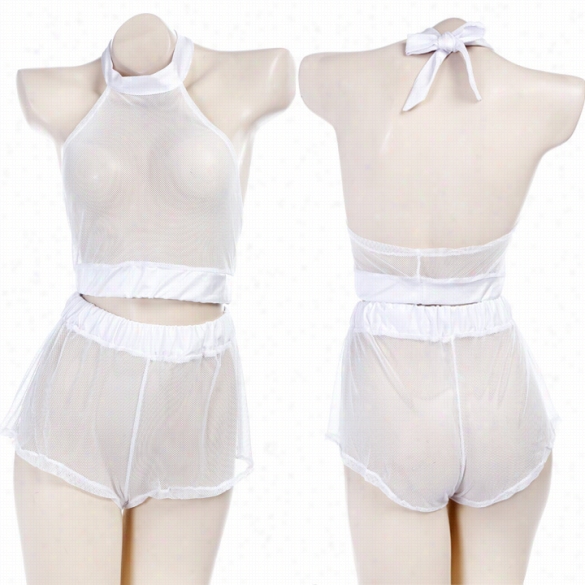 Stylish Lady Women'd 2 Pieces Set White Sexy Fishnt Halter Clubwear Short Top + Shorts