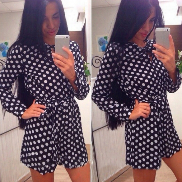 Stylish Lady Women's Casual Long Sleeve O-neck Dots Chiffon Min Idress