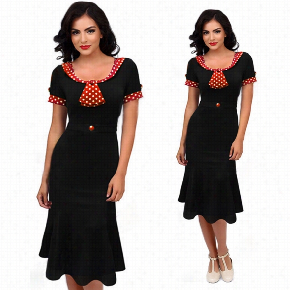 Stylish Lady Women's Casual Retro Polka Dot Doll Neck Short Sleeve Fishtail Border Party Dress