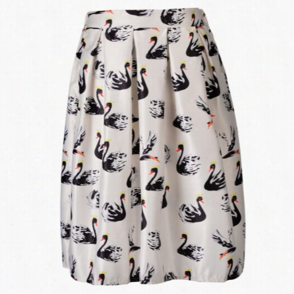 Stylis Hlady Women's Fashion Casual Elastic Waist Knee-length Print Pleated Skirt