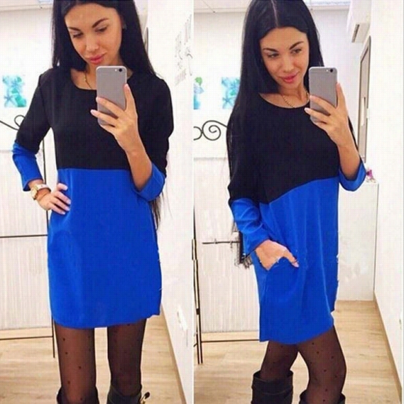 Stylish Lady Wome N's Fashion Casuall Ong Sleeve O-neck Black And Blue Patchwork Sexy Mini Straight Dress