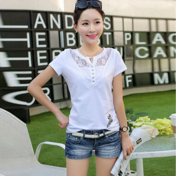 Stylih Lady Women's Fashion Casual Short Sleeve Lace Patchwork Printed Sexy T-shirt