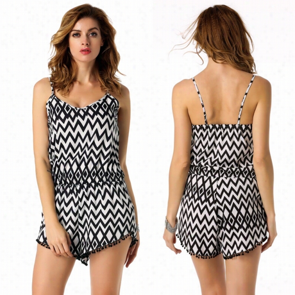 Stylish Lady Women's Fashion Casual Strap Elastic Waist Stripe Short  Jumpsuit Sexy Overall