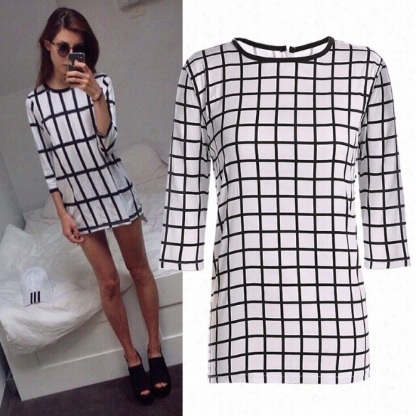 Stylish Lady W Omen's New Fashion Slim 3"4 Sleeve O-neck Plaid Mini Dress