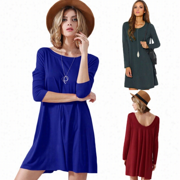 Fashionable Sexy Ladies Women Solid Long Sleeve Casual Mini Straight Shift Dress