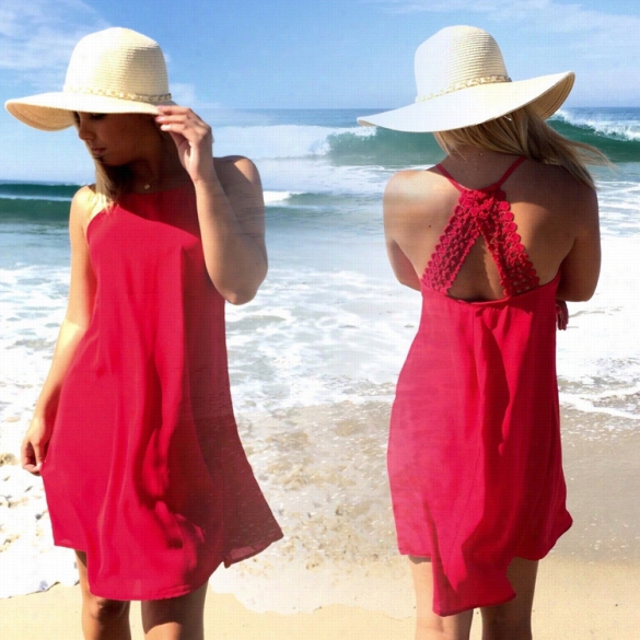 Summer Beach Wpmen Sexy Strap Sleevveless Lace Splice Tank Dress Casual Loose Wear