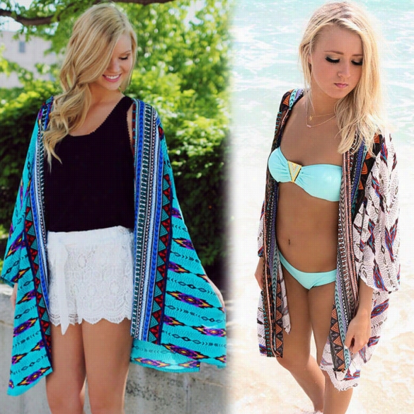 Women Beach Bikini Cover Open Front Kimno Geometric Rpint Loose Top Chiffon Blouse Pluus Ssize