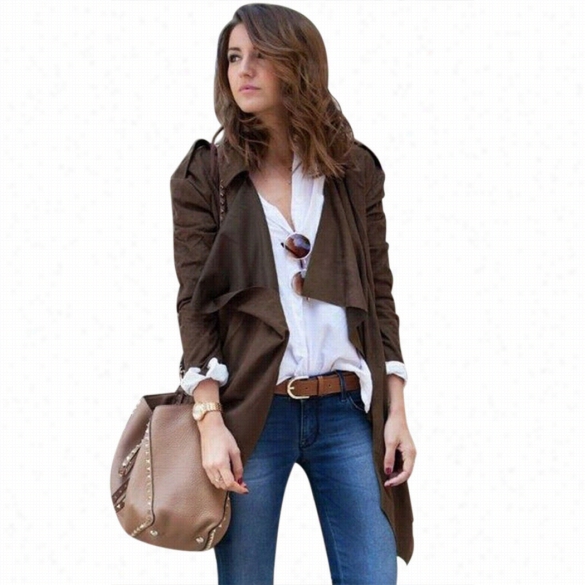 Women Accidental Lapel Trench C0at Open Front Long Sleeve Asymmetric Wind Coat Overcoat