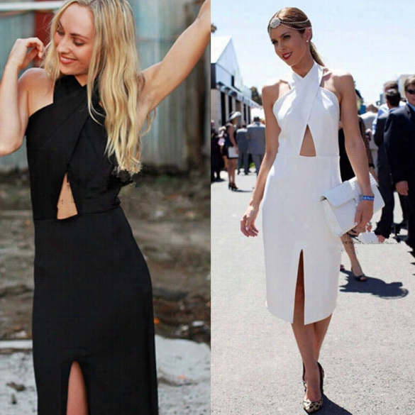 Women Fashion Elegant Sexy Halter Sleeveless Backles S Wrap Split Irregula Rsollid Pencil Dress