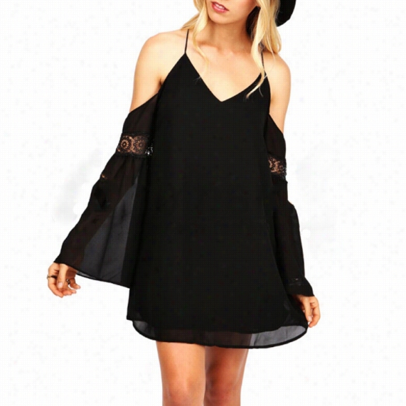 Women Fashion Sexy Chiffon V Neck Flare Sleeve Off Shoulder Strap Backless Lace Patchwork Solid Short A-line Dress