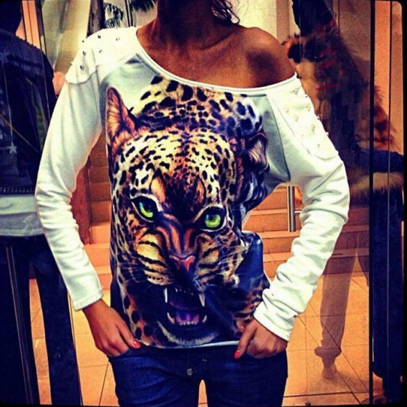 Women Knitted Sweatr Leopard Print Long-sleeved Shirt Hoodie Sewn Pearls Sweater