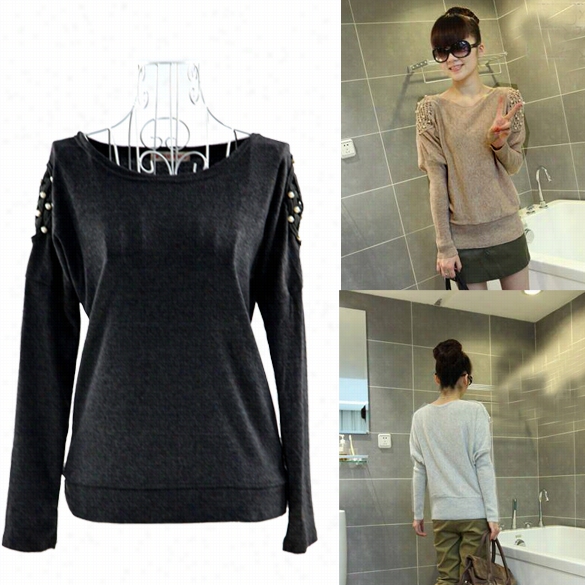 Women O-neck Shoulder Net Synthetic Beads Long Bat Seleve Shirt T-shirt Blouss Tops