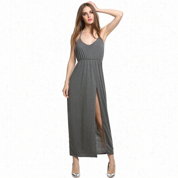 Women Summer Sexy Spagehtti Syrap Backless Be Broken Hem Evening Party Maxi Long Dress