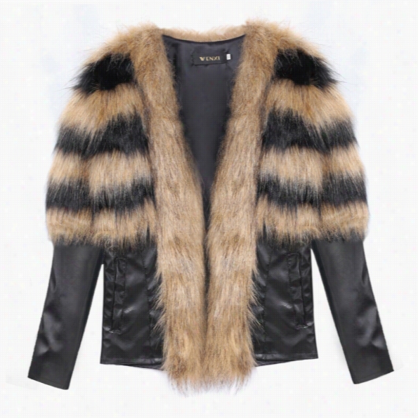 Women Winter Fashion Faux Fur Synthetic Leather Patchwork Long Sleeve Slim Jacket Coat Outwear