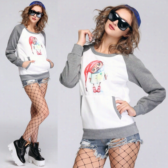 Women's Cartoon Owl Long Sleeve  Ppocket Swats Pullovers Sweatshirt Hoodies Tops