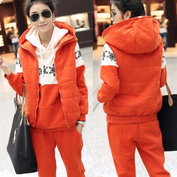 Women's Casual Snowflake Spotrs Hoodies Sweat Suit 3pcs Patchwork Hoody+vest+pats Suit Tracksuit