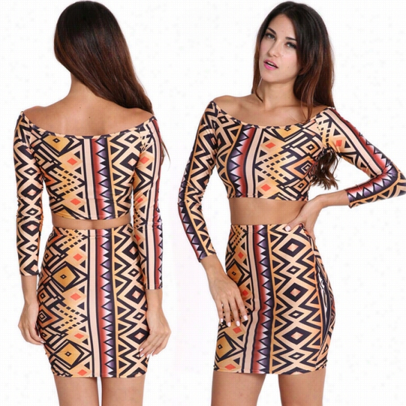 Women's Cleb Style Printing 2 Piece Set  Tops +skirt Party Clubwear Bodycon