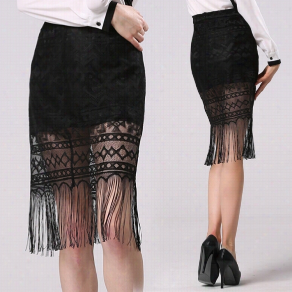 Women's Fashion Sexy Black Lace Fringes Hip Bundle Badycon Skirt