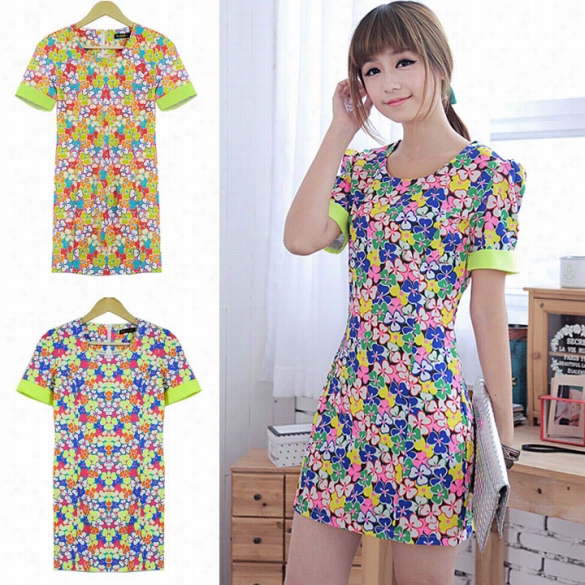 Women's Flower Printing Round Collar Short Sleeve Ch Iffon Mini Dress