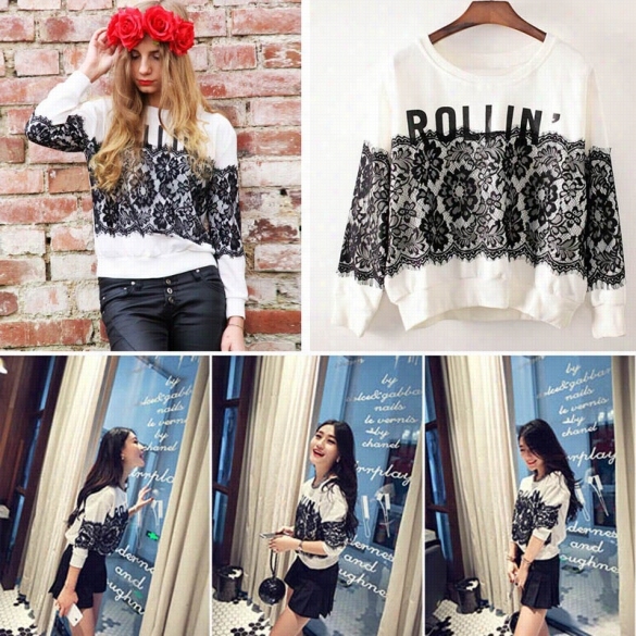 Women's Korean Hoodies Coat Tops O-neck Lace Print Pulloover Sweatshirts White