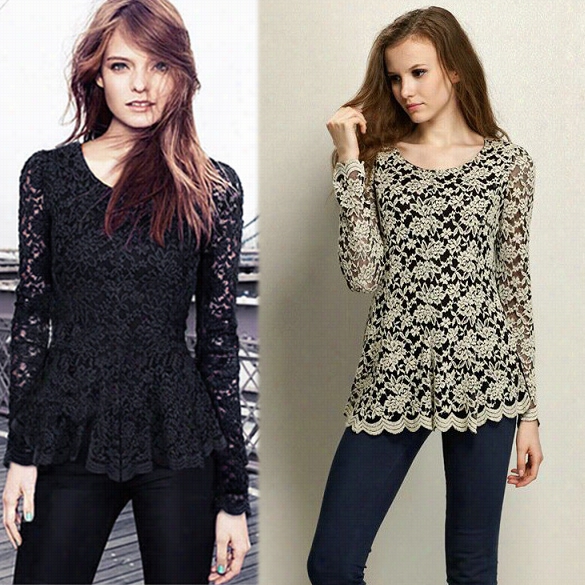 Women's Long Sleeve Hollow Floral Design Lace Sheer T-shirt Ppelum Jumper Top Blouse