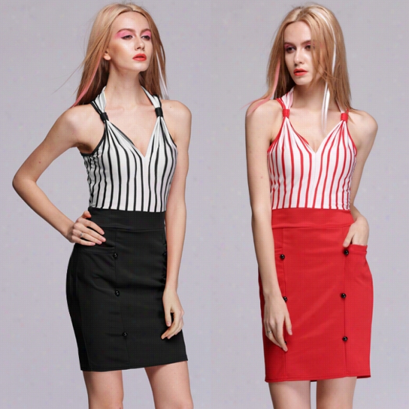 Women's Sexy Sleeveless V-neck Striped Splicing Bodycon Party Casual Mini Dress + G-string