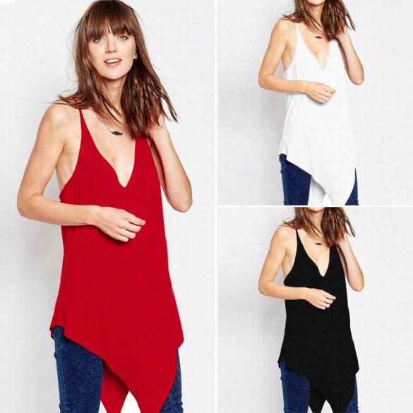 Women's Sleeveless Irregular Hem Camisoles V Neck Long Vest T-shirt Tank Tops