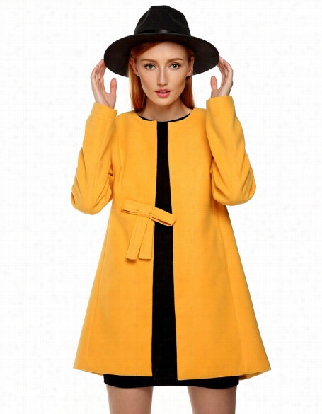 Zeagoo Autumn" Winter Women Fashion Wool Mingle Collarless Long Sleeve Coat Outwear By The Side Of Bowknot