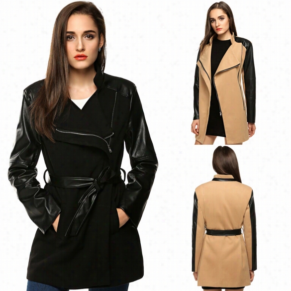 Zeagoo Women Fashion Lapel Long Sleeve Synthetic Leather Patchwork Wool Blend Trench Cover Outerear