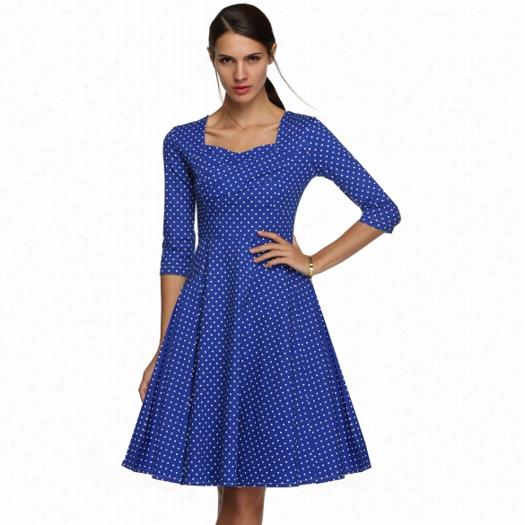 Acevog Elegant Women  Sexy Lady Square Neck 3"4 Sleeve High Waist Dots Print Casula Person Dress