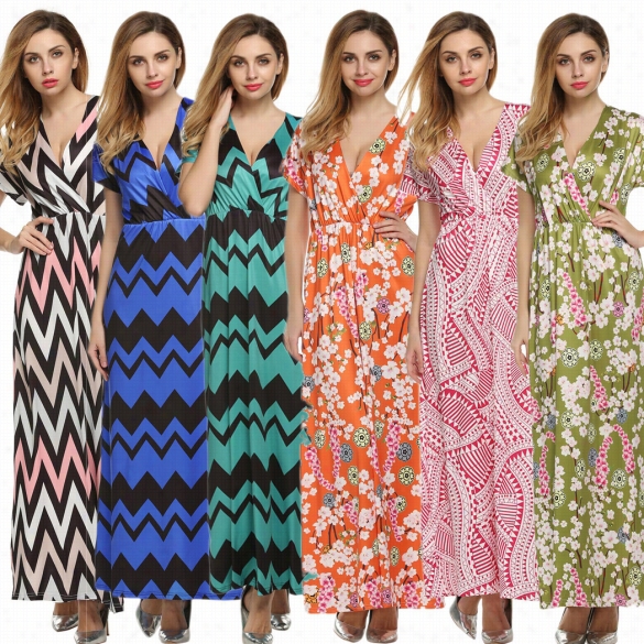 Acevog Sexy Womne Lady V Neck High Waist Lacking Sleeve Print Casual Beach Party Full Length Dress