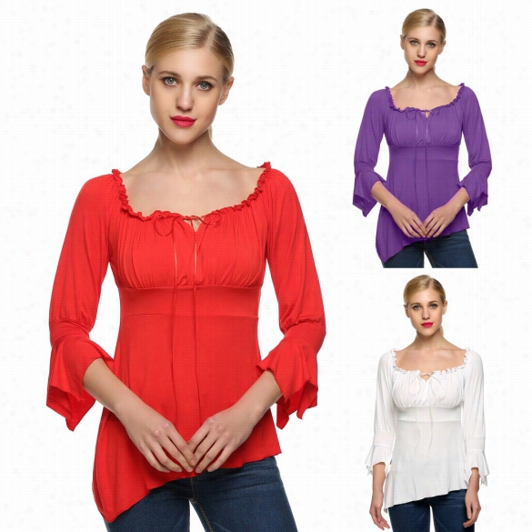 Acevog Sexy  Women Off Shoulder Flare Sleeve Slim Irregular Hem Casual Tops Blouse