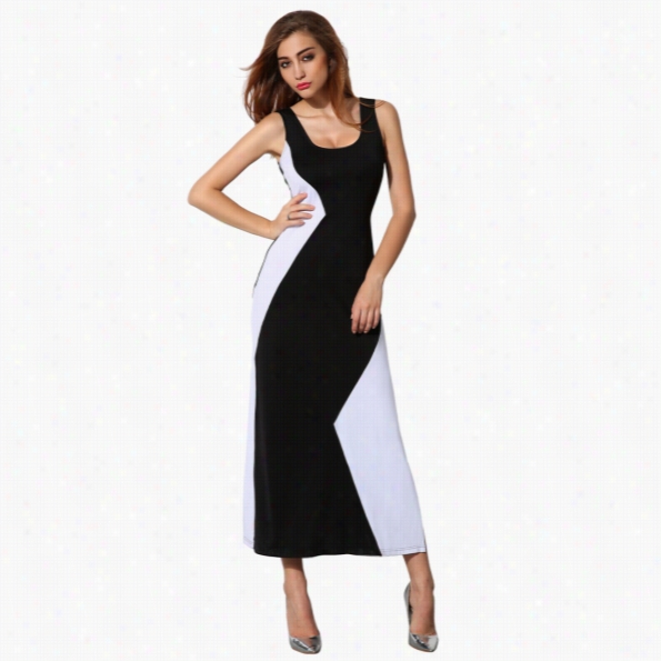 Angvns Ladies Women Sexy Sleeveless Patchwork Side Split Bodycon Stretch Party Banquet Maxi  Long Dress