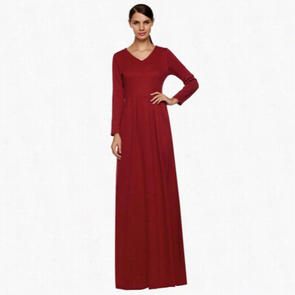 Angvns Stylish Ladies Elegant Sexy Wojen Casuaal Long Sleeve V Neck Full Gown  Floor-length Cause Veenii Ng Solid Maxi Dress