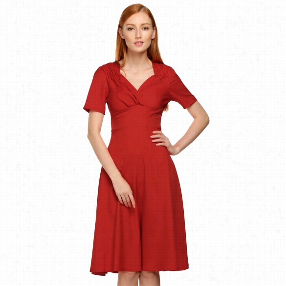 Angvns Women Fashion Casual Vintage Style High Waist Solid Pleated Dress