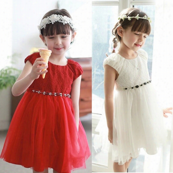 Arshiner Baby Girl Round Neck Sleeveless Lace Stitching Mesh Solid Gown Dress With Sash