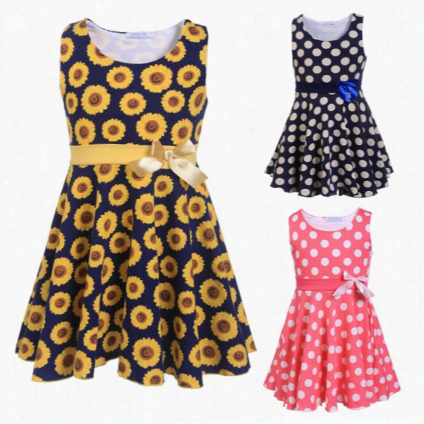 Arshiner Baby Kids Children Girl Fashion Casual Round Neck Sleeveless Patchwork Polka Dot Bow A-liine Tank Dress