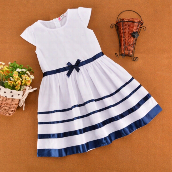 Baby Girl Kids Children's Casual Fash Ion O-neck Cap Sleeve Bow-knot Large Stripe Hem Dress