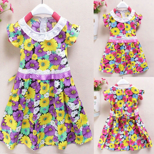 Best Sale New Little Girl Fashion Cap Sleeve O-neck Colorful Flower Printed Cute Lovely Casual Dress