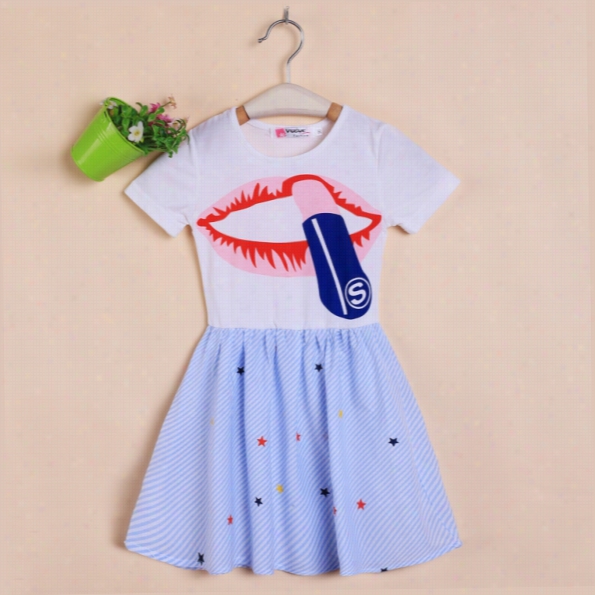 Cute Summer Children Girls Short Sleeve Print Splice Syripe High Waist Dress Casual Waer