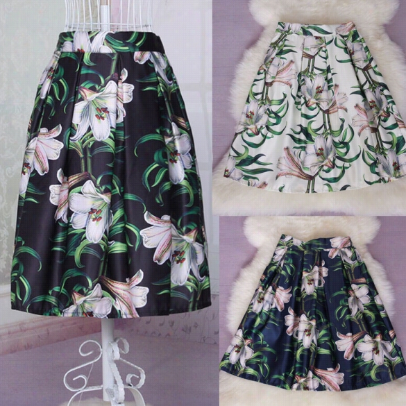 Elegant Ladies Summer Retro Style Floral High Waist Pleated Casual Skirt