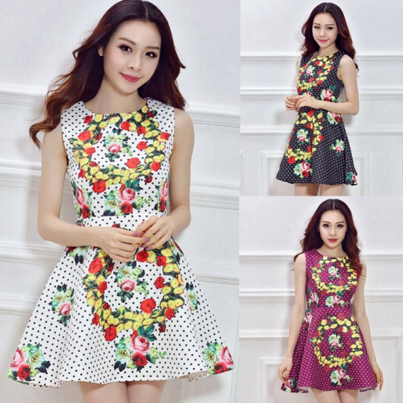 Elegant Women Sleeveless O-nck High Waist Pleated Dress Floral Dott A-line Party Adorn